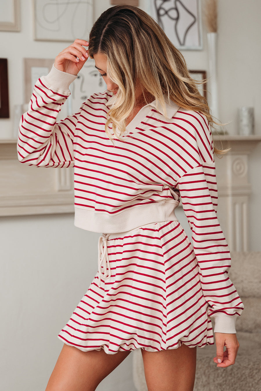 Red Stripe Cropped Collared Sweatshirt and Bubble Mini Skirt Set