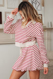 Red Stripe Cropped Collared Sweatshirt and Bubble Mini Skirt Set