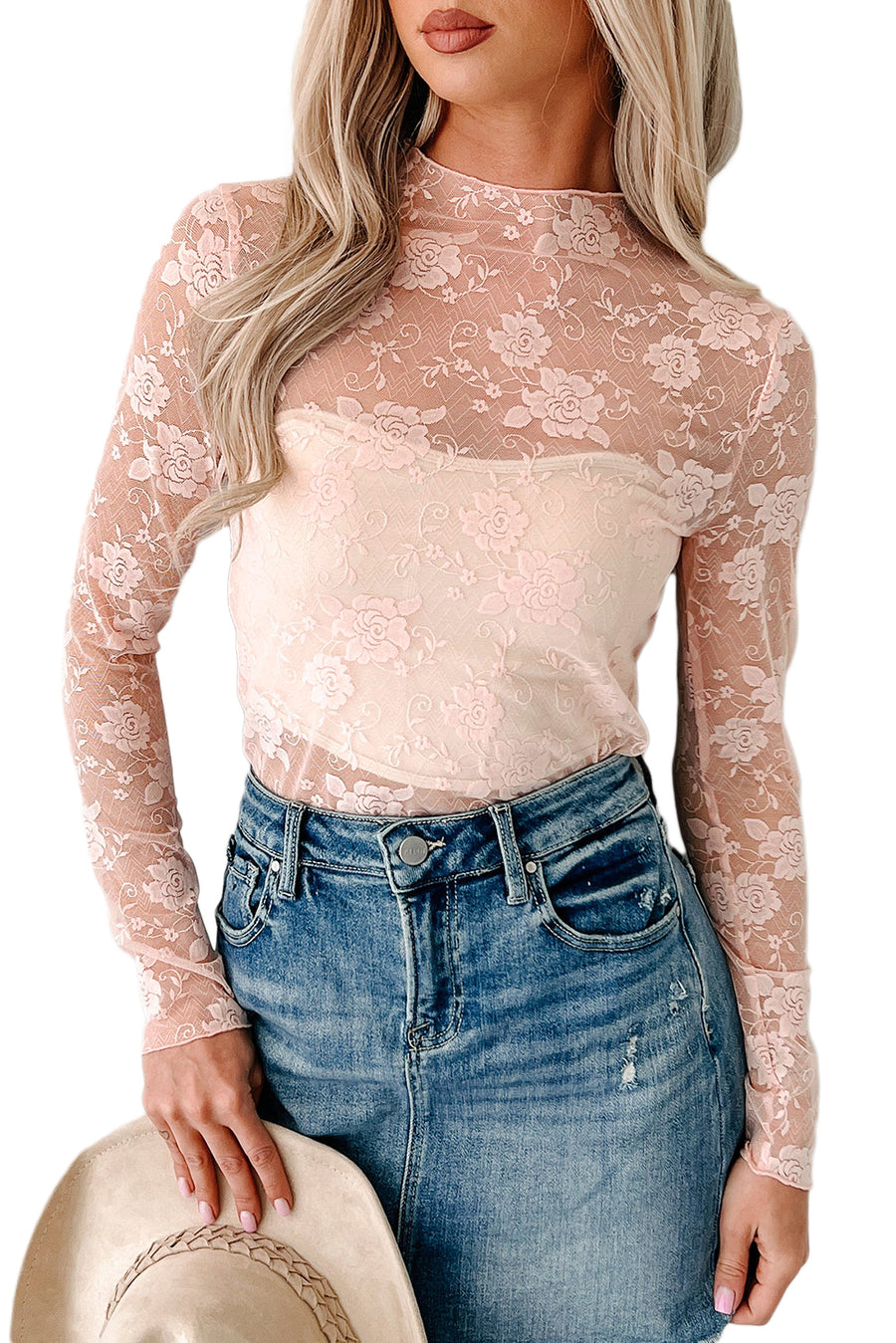 Apricot Pink Mock Neck Floral Lace Mesh Long Sleeve Blouse