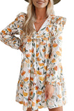 Yellow and Orange Floral Print Tie Neck Frill Detail Long Sleeve Mini Dress