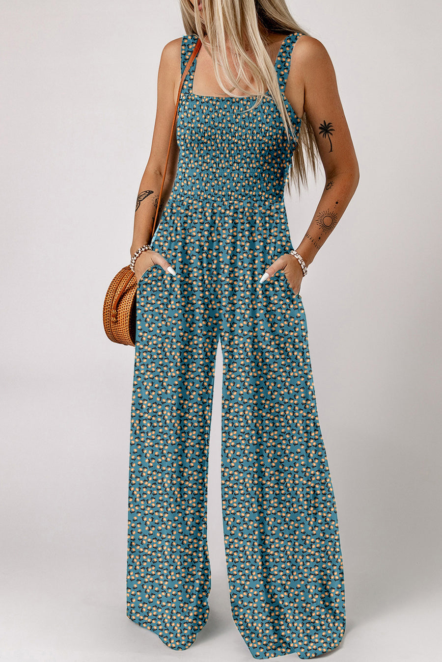 Floral Square Neck Stretch High-Waist Jumpsuit- 3 Colors