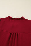 Burgundy Notched Neck Shirred Cuffs Long Sleeve Blouse