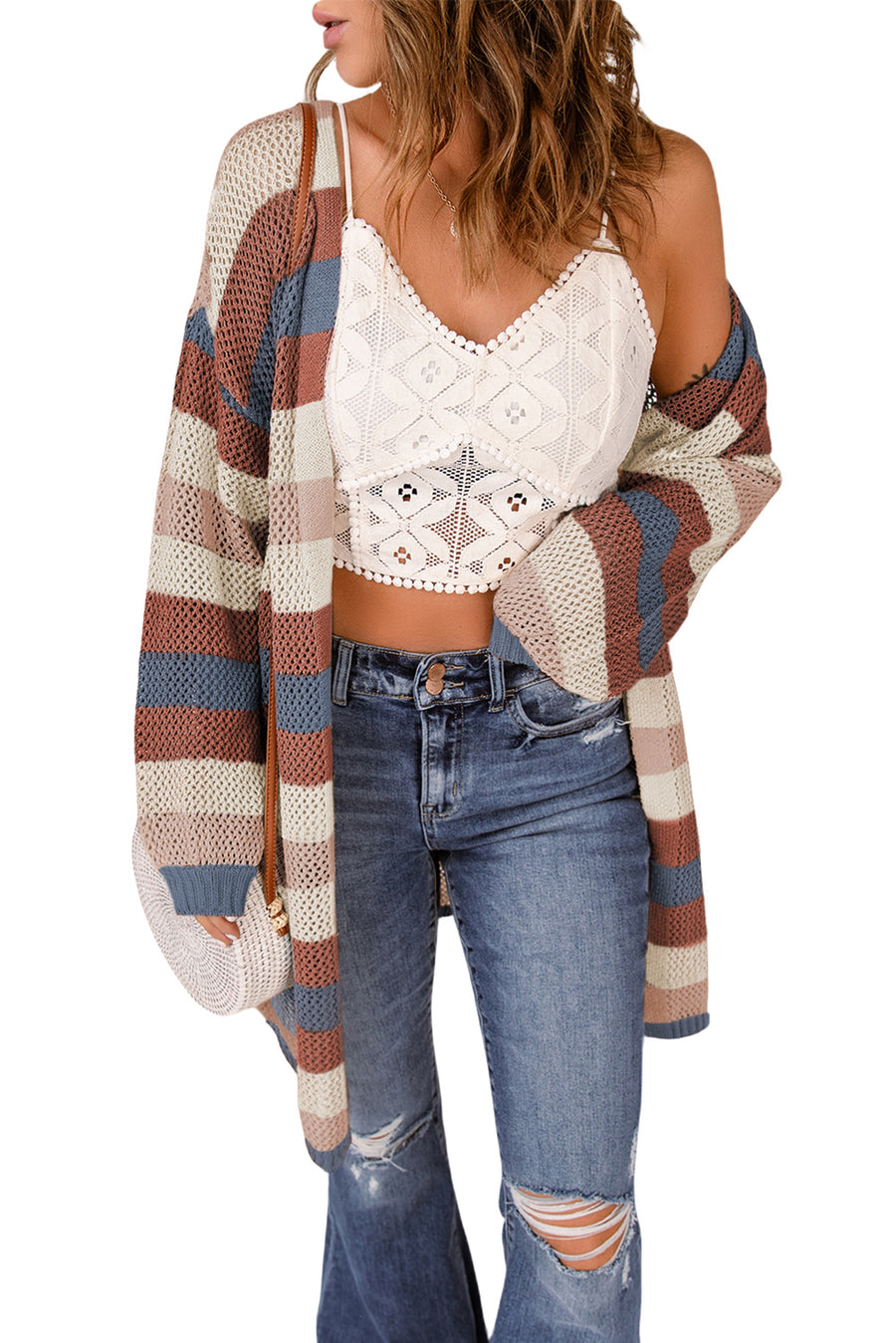 Blue Multi Openwork Color Block Knit Cardigan