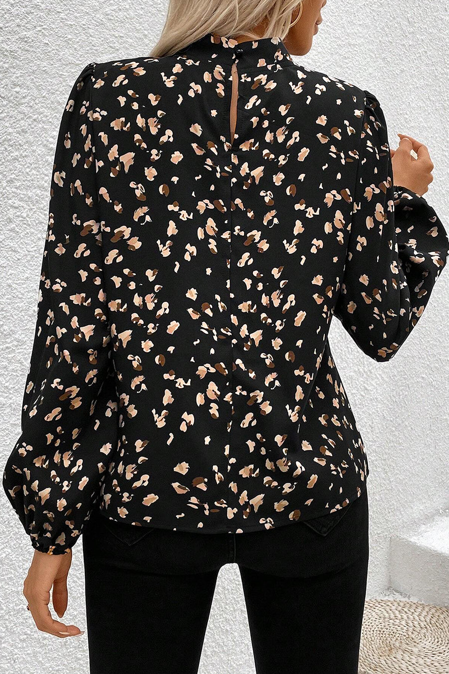 Leopard Print Mock Neck Long Sleeve Pleated Blouse- 2 Colors