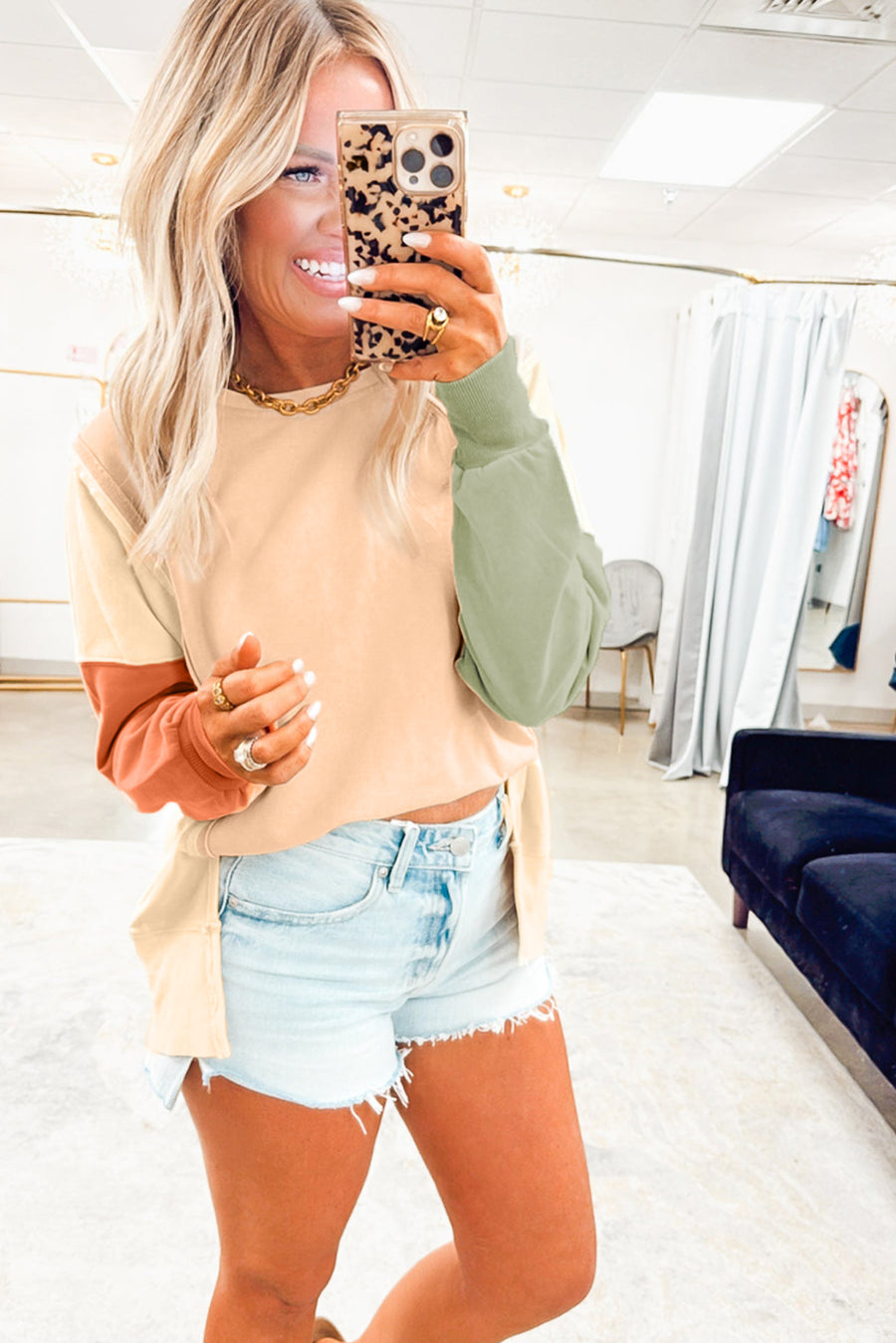 Beige Color Block Patchwork Split Hem Casual Sweatshirt