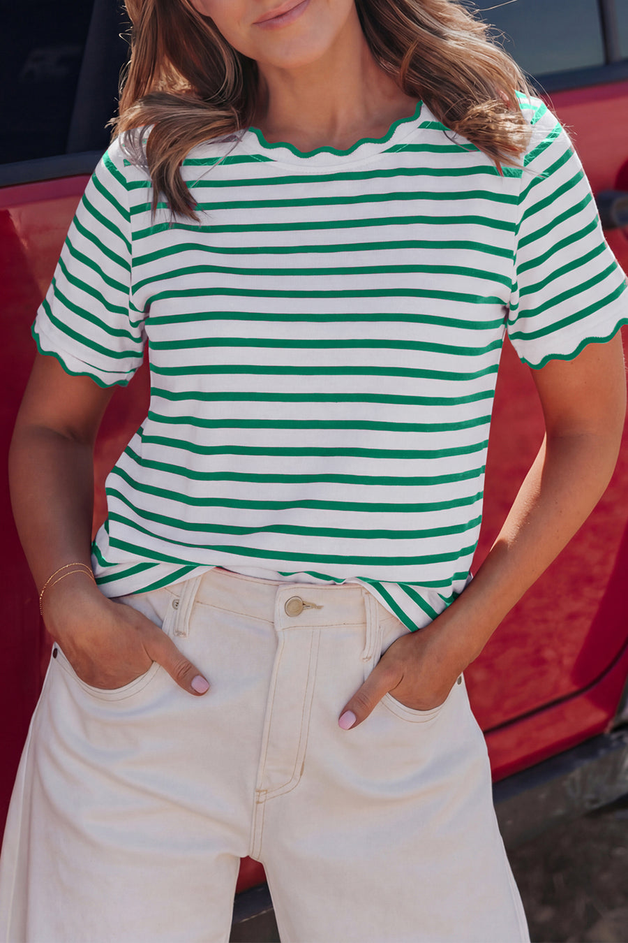 Striped Scalloped Trim Crew Neck Short Sleeve T-Shirt- 5 Colors