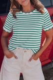 Striped Scalloped Trim Crew Neck Short Sleeve T-Shirt- 5 Colors