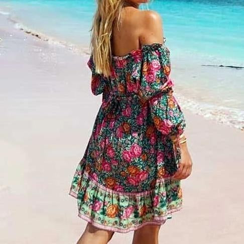 Women's Bohemian Off-Shoulder Floral Print Mini Dress- 2 Colors