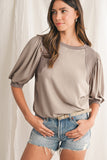 Mocha Bishop Sleeve Contrast Trim Crew Neck Blouse