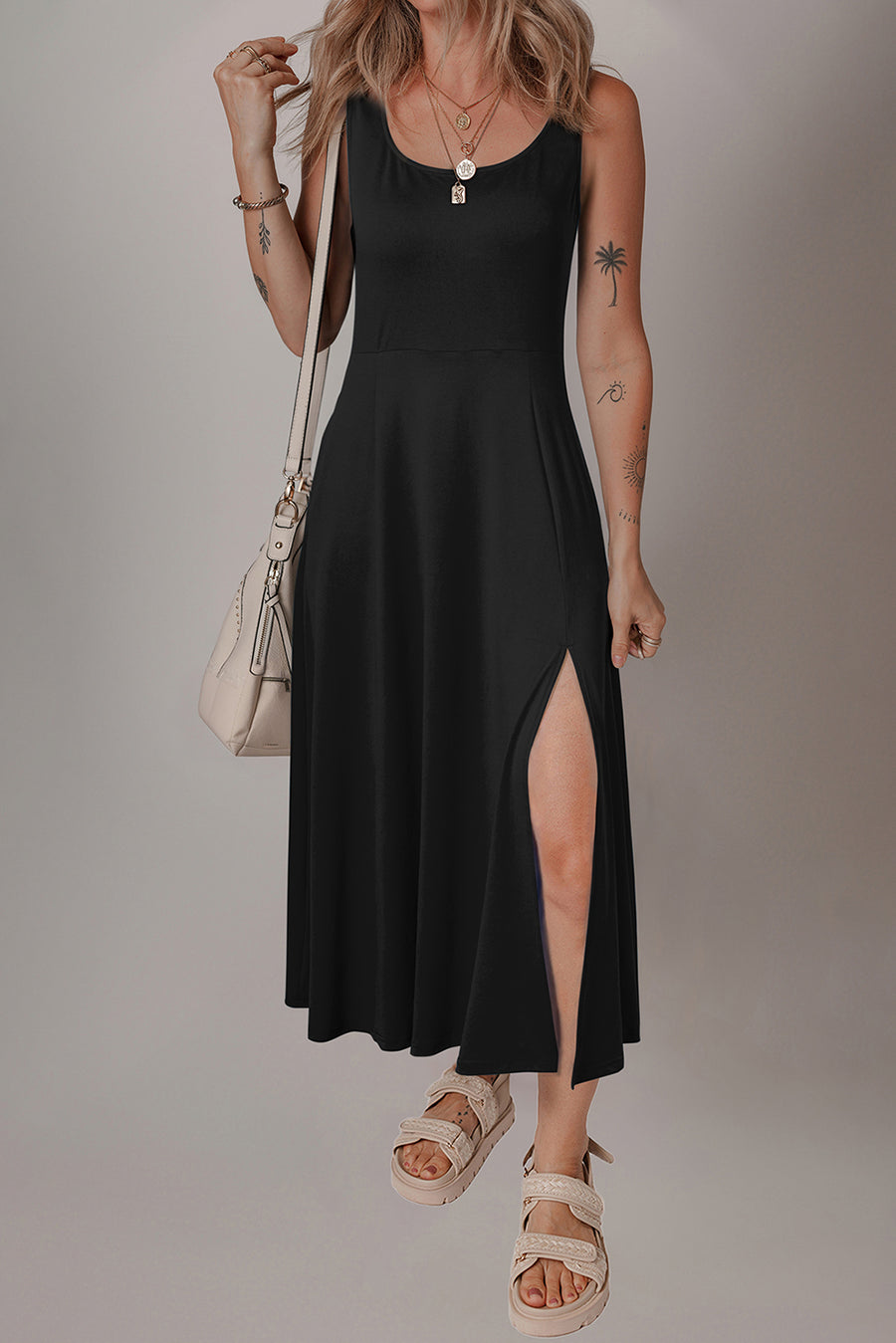 Black Sleeveless Scoop Neck Flared Front Slit Midi Dress