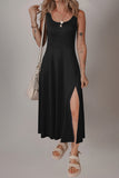Black Sleeveless Scoop Neck Flared Front Slit Midi Dress