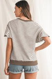 Striped Ruffle Sleeve Crew Neck T-Shirt- 3 Colors