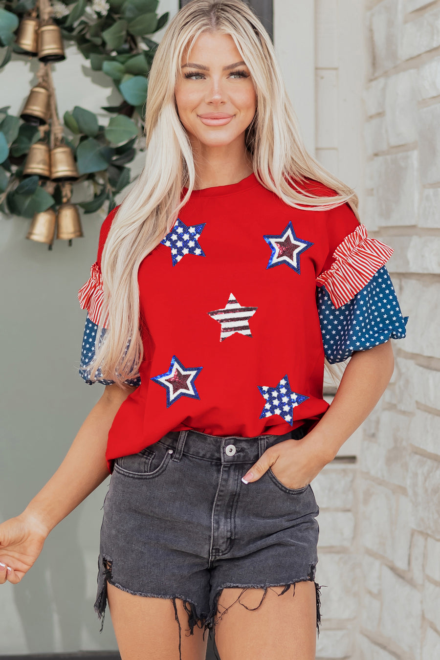 Red American Sequin Star Patches Contrast Puff Sleeve Top