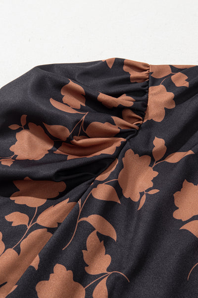 Chestnut Floral Print Frill Neck Bubble Sleeve Blouse