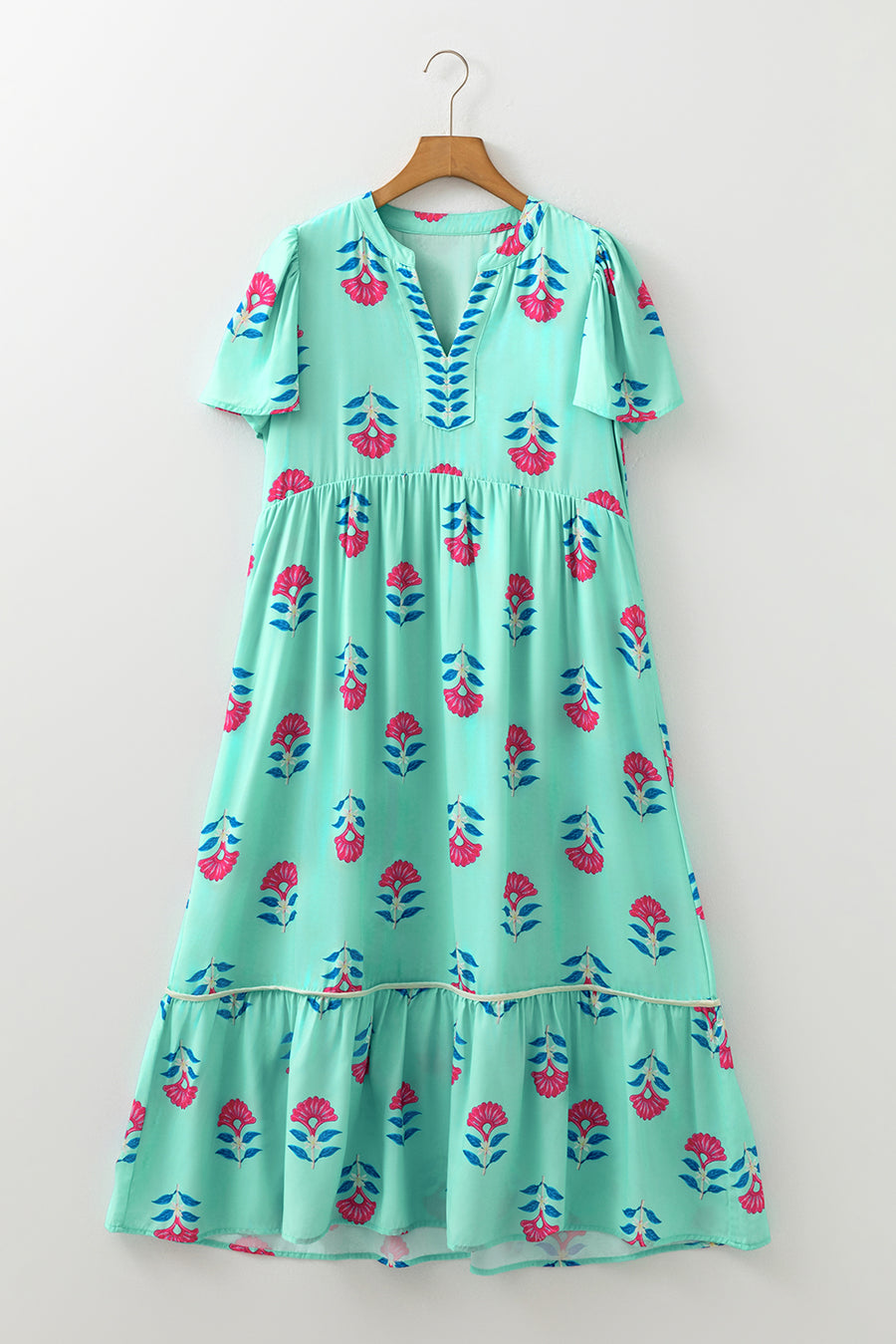 Blue Floral Print Notched Neck Flounce Sleeve Maxi Dress with Pockets- 2 Colors