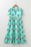Blue Floral Print Notched Neck Flounce Sleeve Maxi Dress with Pockets- 2 Colors