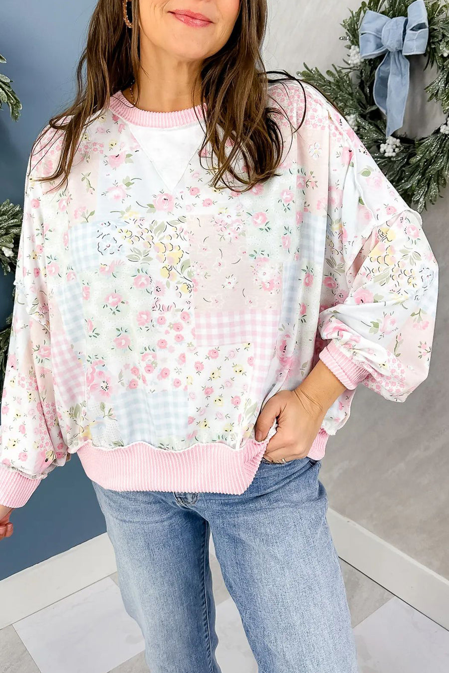 Pink Mixed Floral Print Twisted Rib Patchwork Loose Long Sleeve Top