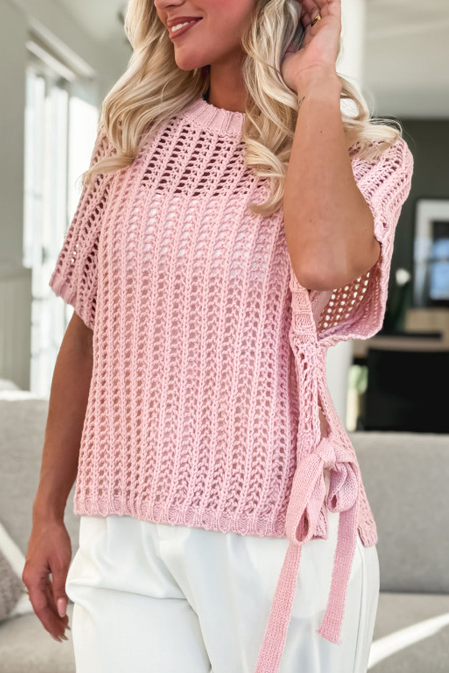 Side Tie Crochet Knit Short Sleeve Sweater- 2 Colors