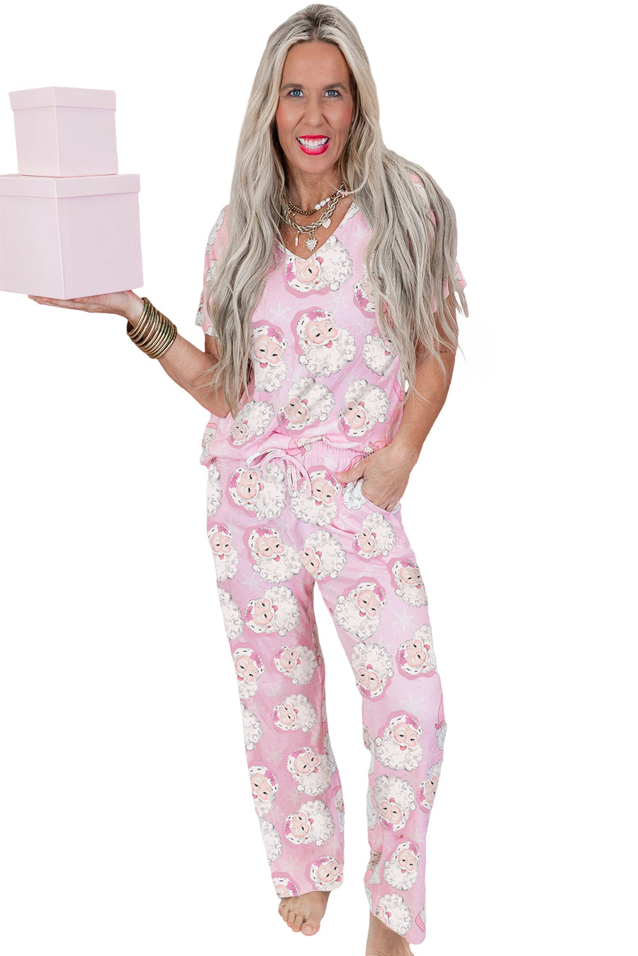Pink Santa Claus V-Neck Tee Drawstring Pants Pajama Set