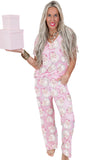 Pink Santa Claus V-Neck Tee Drawstring Pants Pajama Set