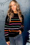 Multicolored Striped Ribbed Trim Crew Neck Sweater- 2 Colors