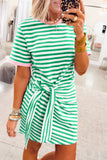Striped Tie Front Contrast Trim Crew Neck T-Shirt Mini Dress- 3 Colors