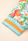 Green Floral Striped Trim Lantern Sleeve Tie Neck Blouse