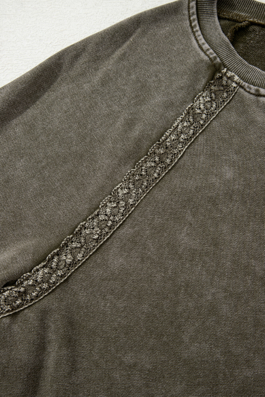 Lace Applique Notched Neck Mineral Wash Baggy Sweatshirt- 4 Colors