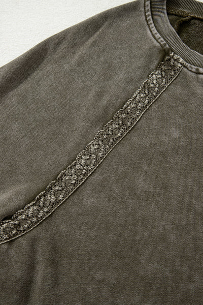 Rose Red Lace Applique Notched Neck Mineral Wash Baggy Sweatshirt