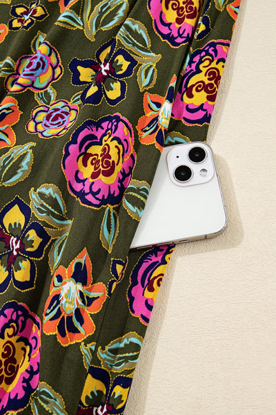 Green Floral Print Split Neck Bubble Sleeve Mini Dress