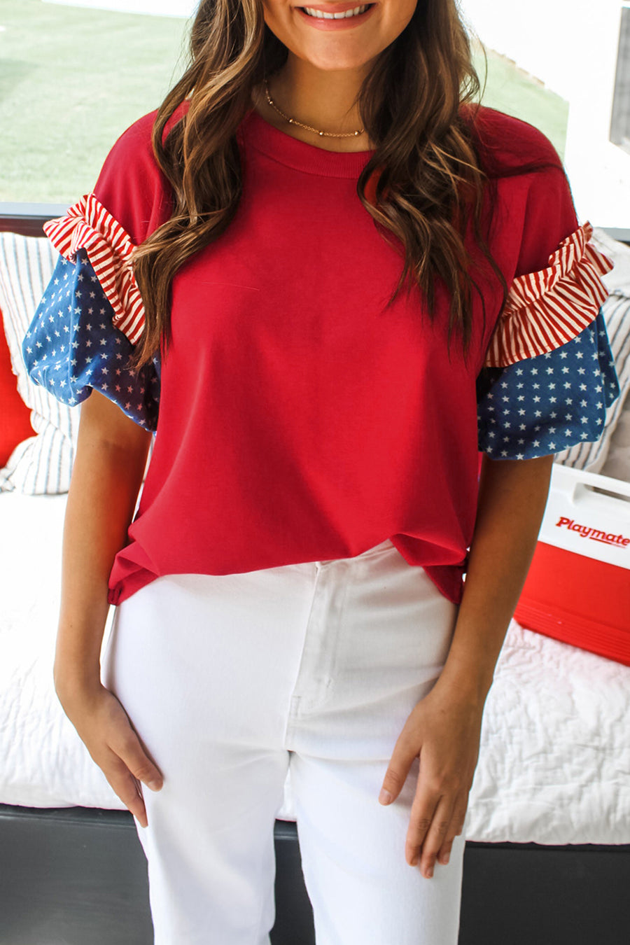 Stars and Stripes Contrast Puff Sleeve Top- 2 Colors
