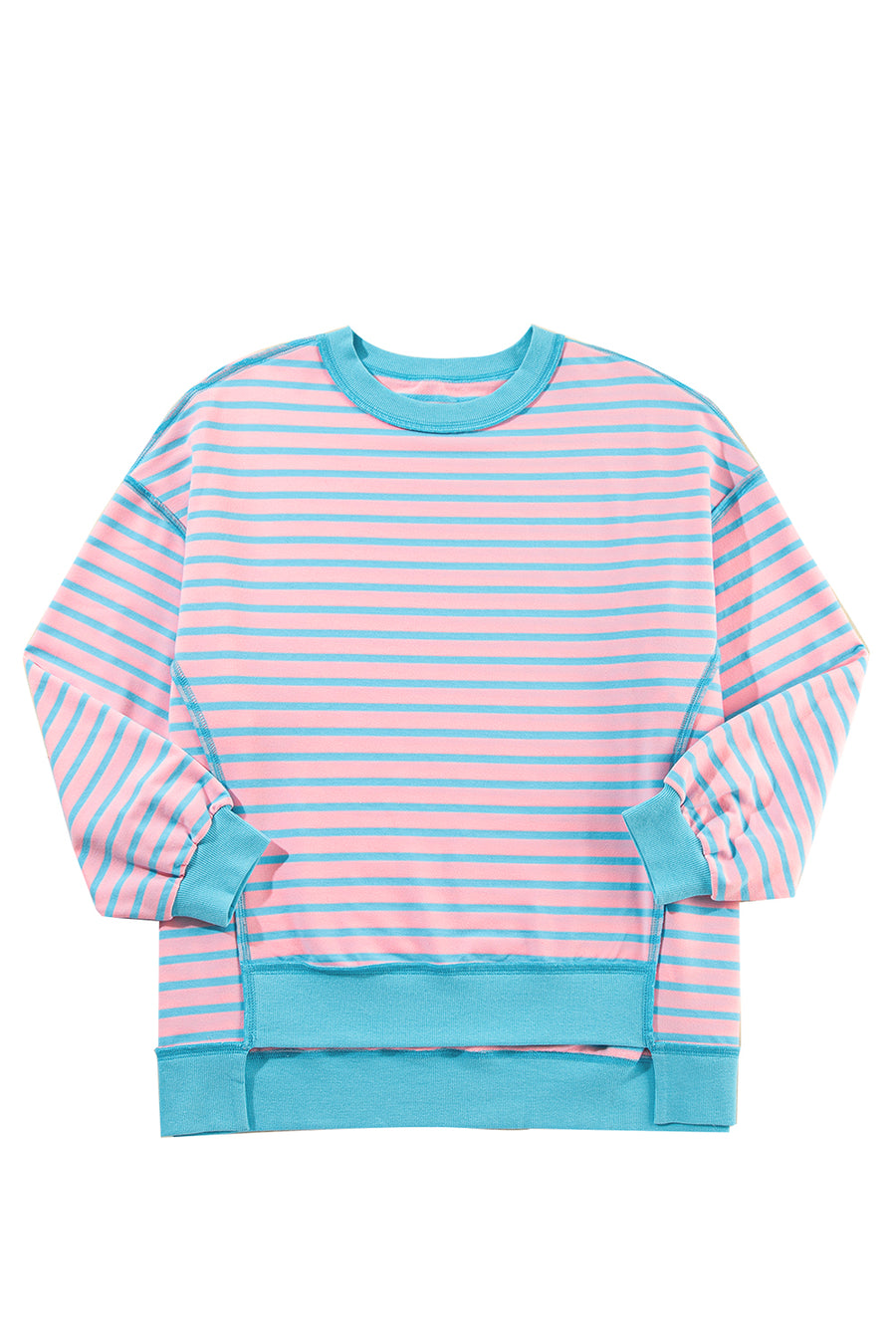 Pink & Turquoise Striped Contrast Trim High-Low Tunic Sweatshirt
