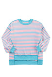 Pink & Turquoise Striped Contrast Trim High-Low Tunic Sweatshirt