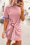 Striped Tie Front Contrast Trim Crew Neck T-Shirt Mini Dress- 3 Colors