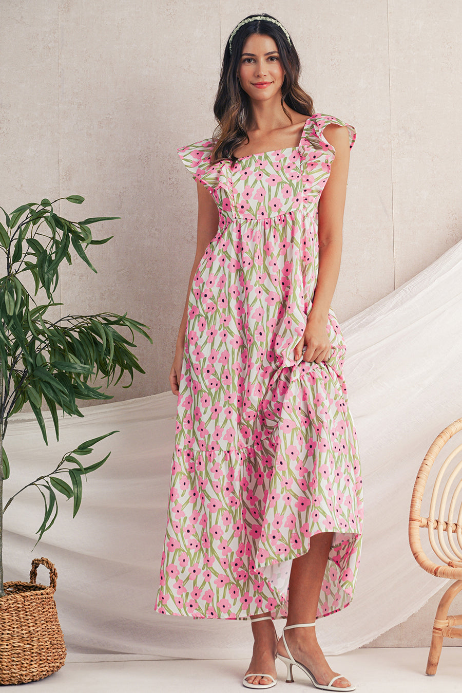 Floral Print Square Neck Ruffled Strap Maxi Dress- 2 Colors