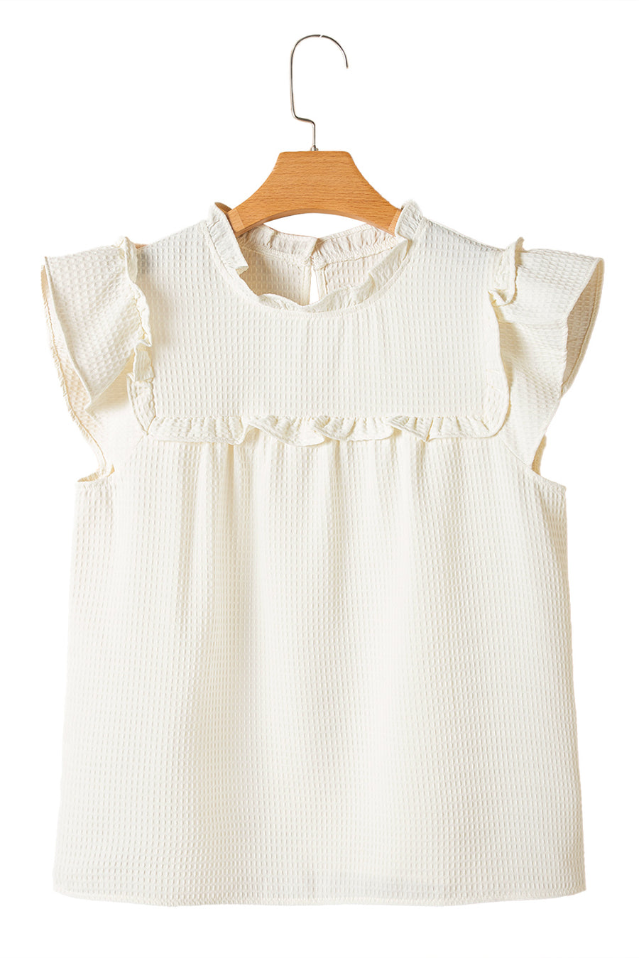 White Ruffle Trim Waffle Textured Short Sleeve Blouse
