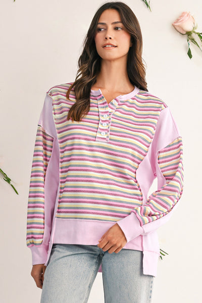 Pink Striped Patchwork Henley Sweatshirt