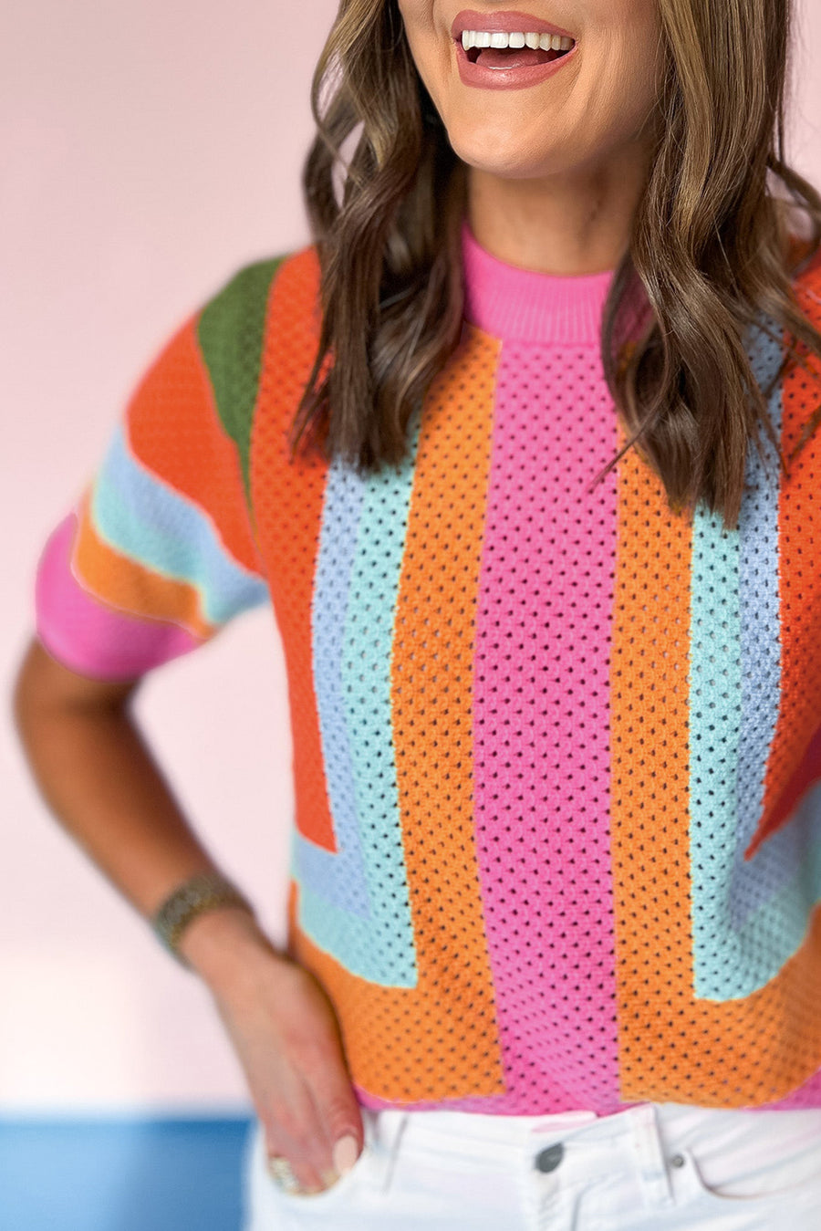 Color Block Openwork Knit T-Shirt