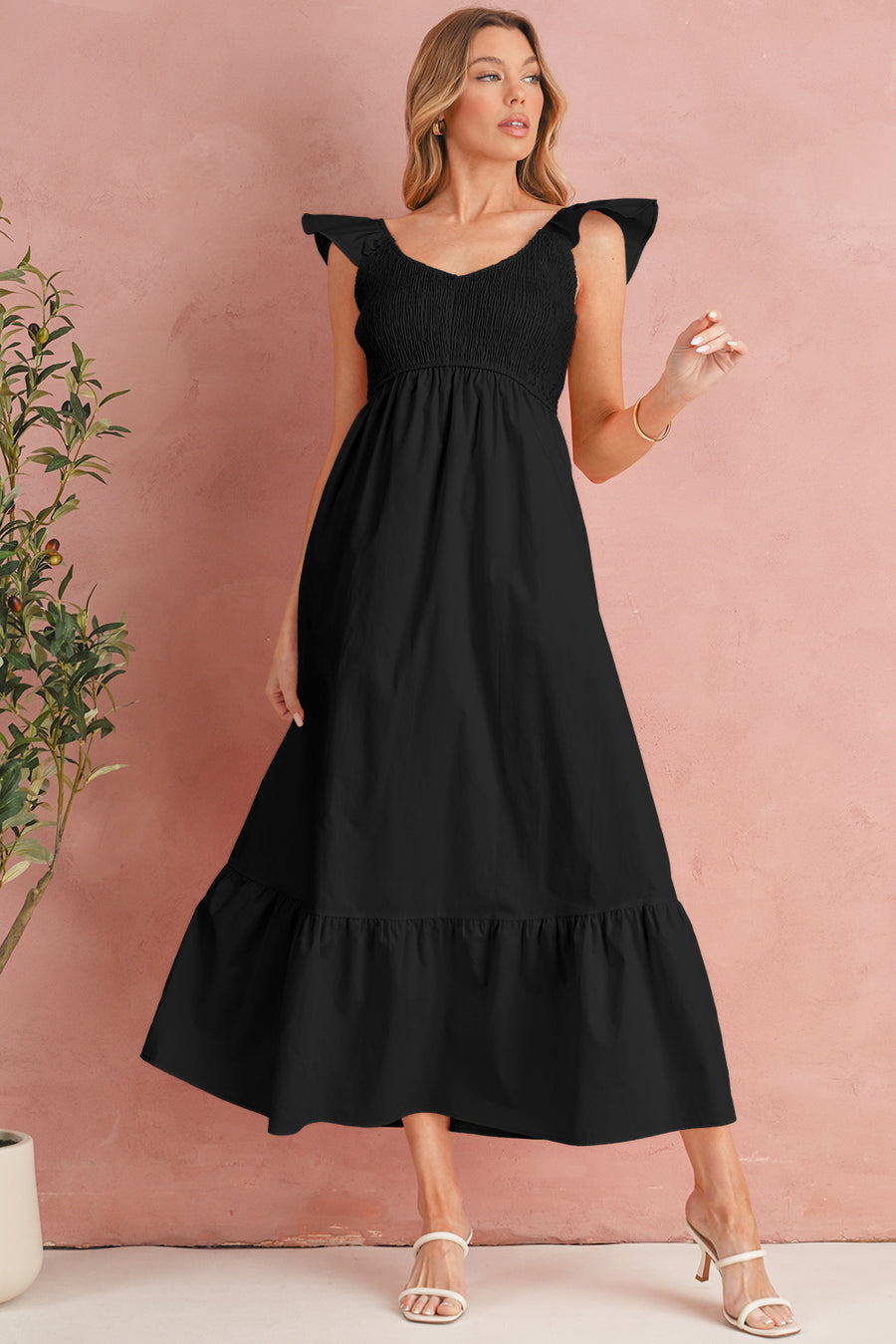 V-Neck Flutter Sleeve Smocked Bodice High Waist Ruffle Maxi Dress with Pockets- 2 Colors