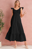 V-Neck Flutter Sleeve Smocked Bodice High Waist Ruffle Maxi Dress with Pockets- 2 Colors