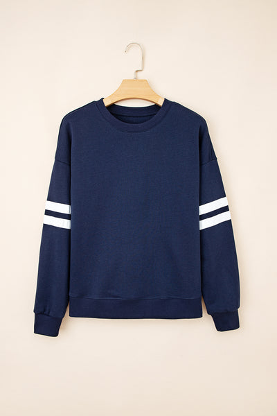 Navy Blue Preppy Striped Sleeve Loose Sweatshirt