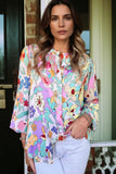 Multicolored Floral Frilly Neckline Long Sleeve Button-Up Blouse
