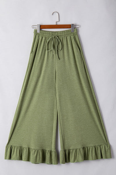 Jungle Green Solid Color Ruffle Hem Wide Leg Pants