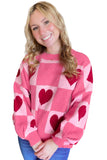 Pink Heart & Checkered Pattern Drop Shoulder Crew Neck Knit Sweater