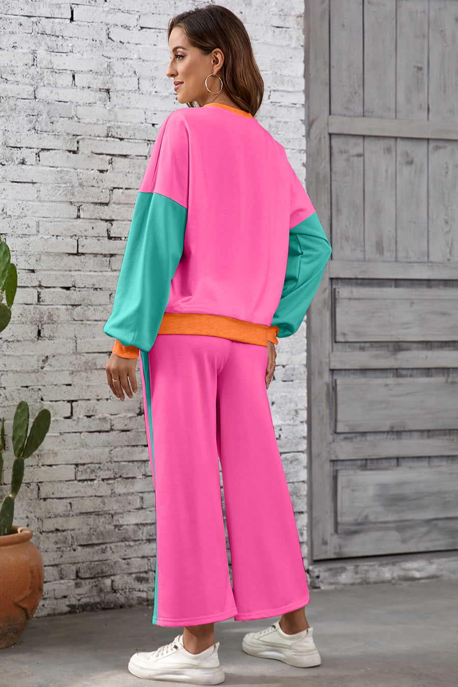 Color Block Patchwork Long Sleeve Top and Pants Set