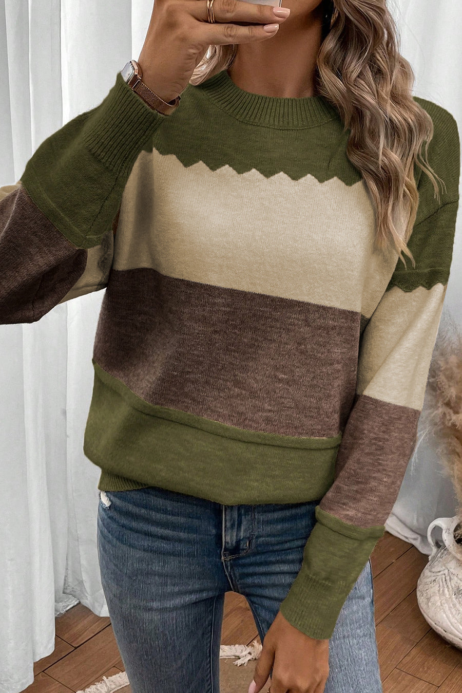Color Block Crew Neck Drop Shoulder Scallop Detail Sweater- 3 Colors
