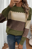 Color Block Crew Neck Drop Shoulder Scallop Detail Sweater- 3 Colors