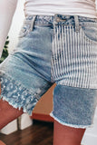 Sky Blue Striped Paisley Mixed Patchwork Raw Hem Denim Shorts