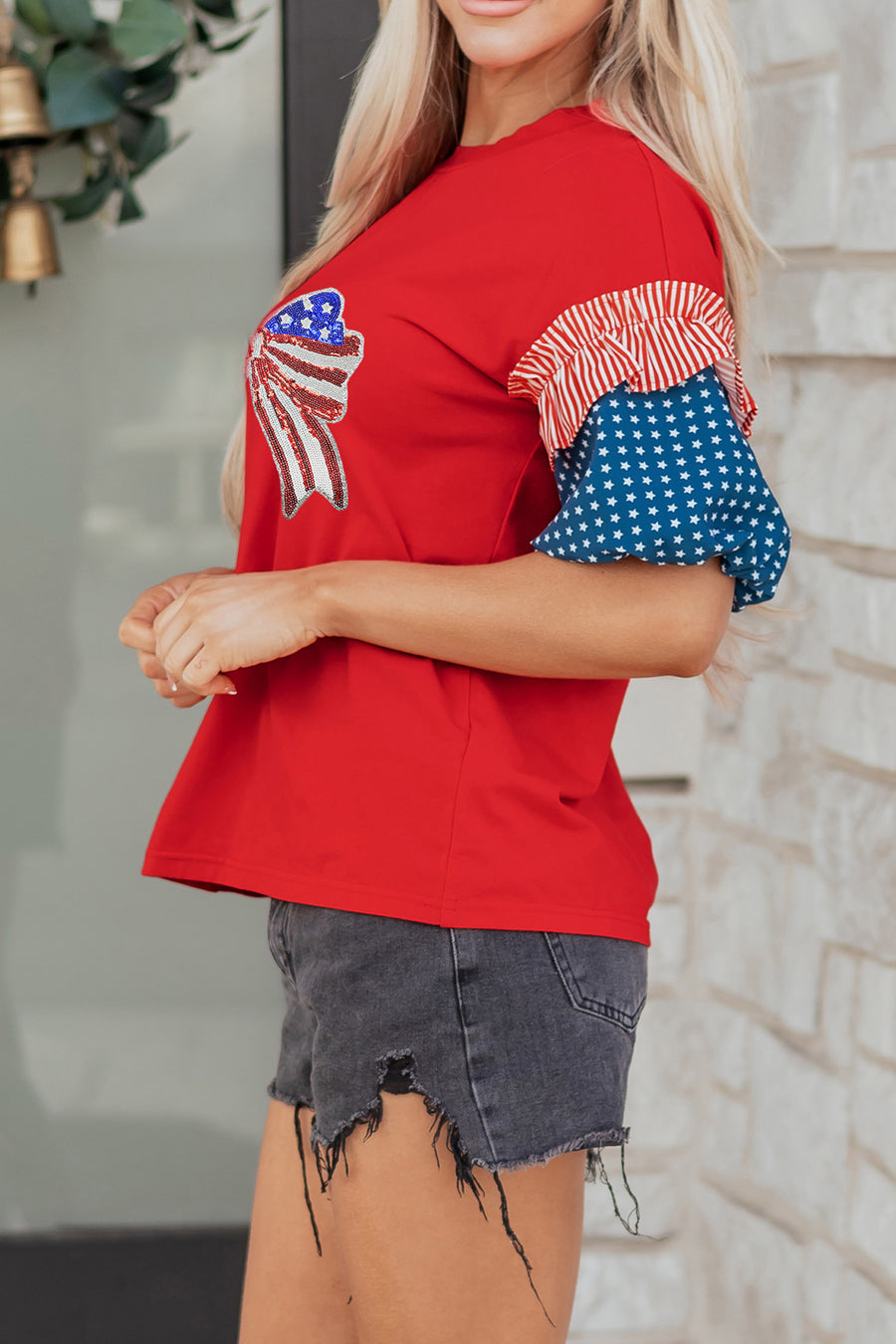 Red American Sequin Bow Contrast Puff Sleeve Blouse
