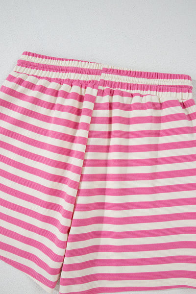 Pink Striped Crew Neck T-Shirt and Drawstring Shorts Set